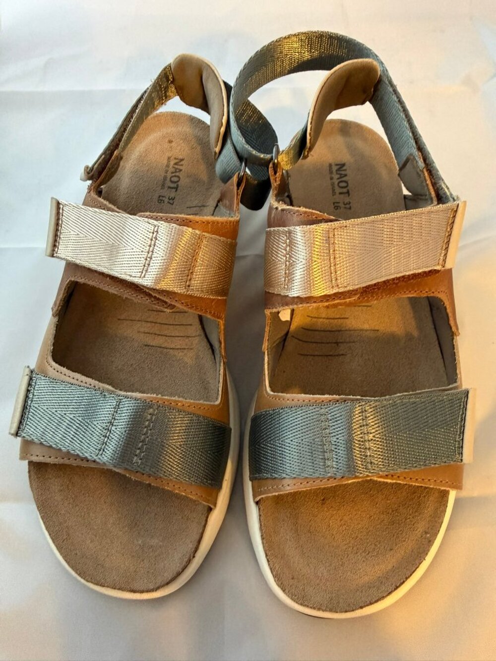 Naot  Odyssey Sandal, Tan /Latte Brown /Soft Ivory Leather, Women Size 37 (6-6.5